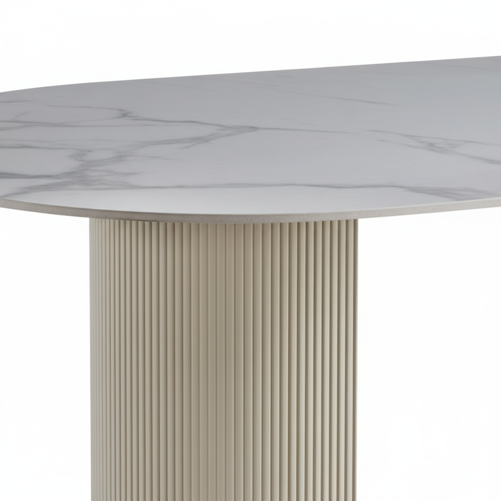 Table à manger ANNA plateau en céramique marbré blanc L 180 cm