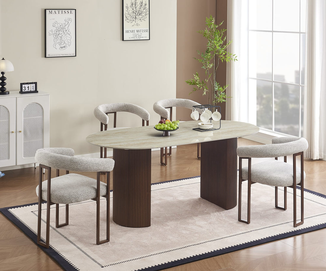 TABLE A MANGER ANNA PIED METAL EFFET NOYER PLATEAU CERAMIQUE TRAVERTIN BRILLANT 180x90x75cm