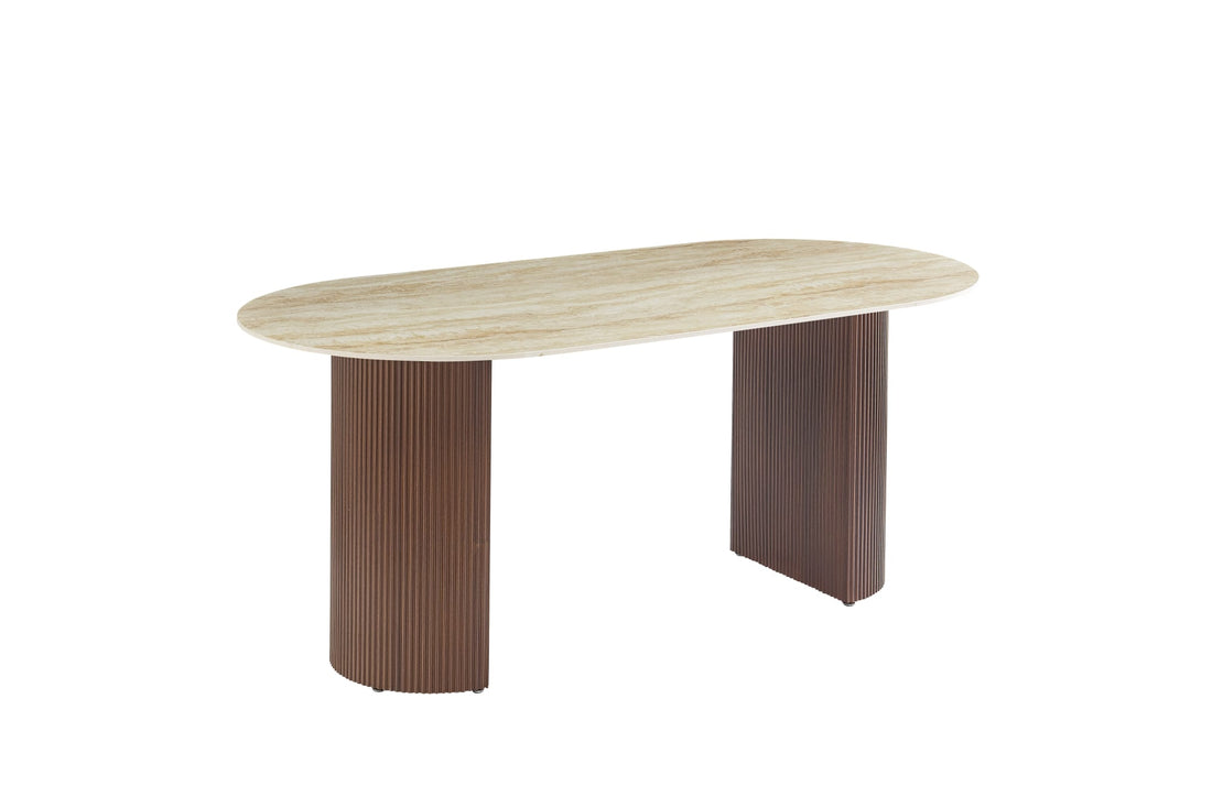 TABLE A MANGER ANNA PIED METAL EFFET NOYER PLATEAU CERAMIQUE TRAVERTIN BRILLANT 180x90x75cm