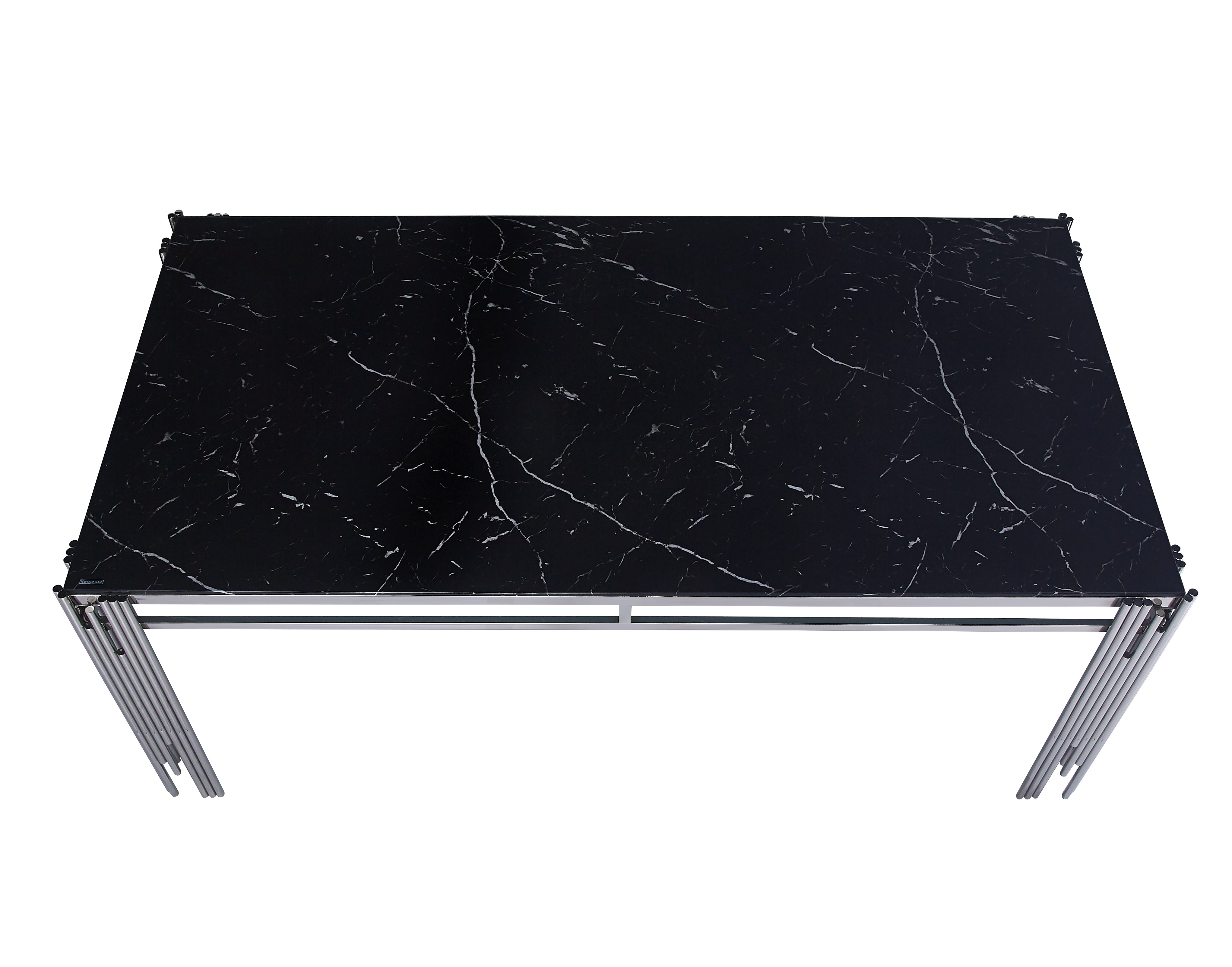 Table à manger verre marbré noir pied métal chrome 180x90 cm FLUTE