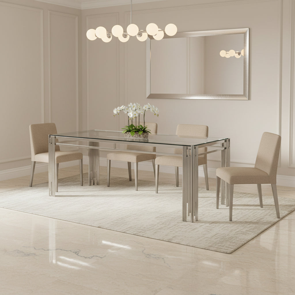Table à manger XXL FLUTE Chrome Plateau en verre Marbré TRANSPARENT 180 cm