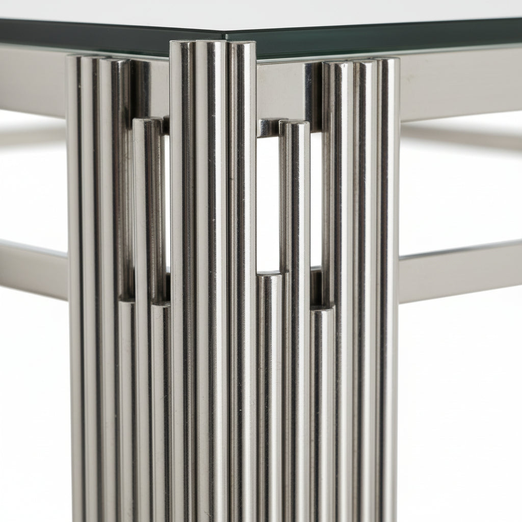 Table à manger XXL FLUTE Chrome Plateau en verre Marbré TRANSPARENT 180 cm