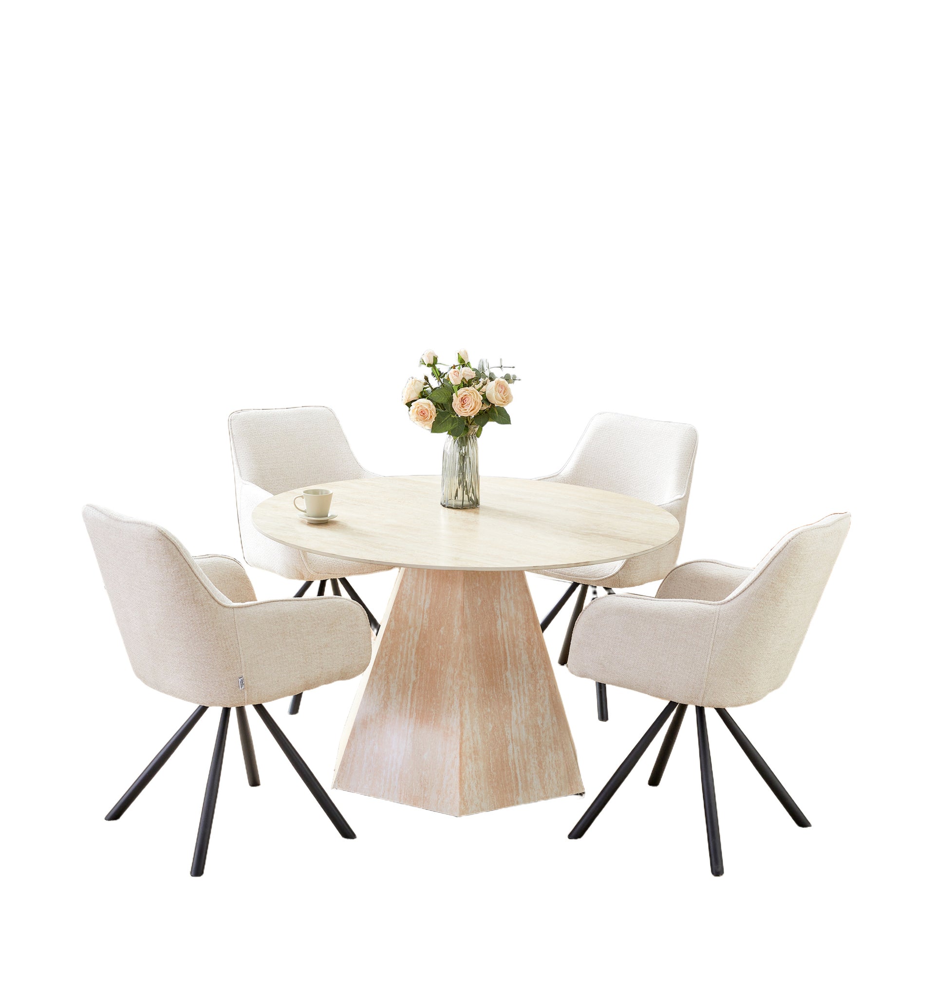 Table Repas Ronde SOLAL – Céramique & Pied Effet Travertin – Ø120x75 cm