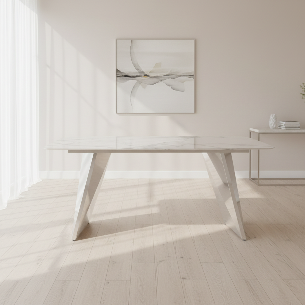 Table à Manger GRAFFI Chrome & Céramique Marbre Blanc 180x90x75 cm