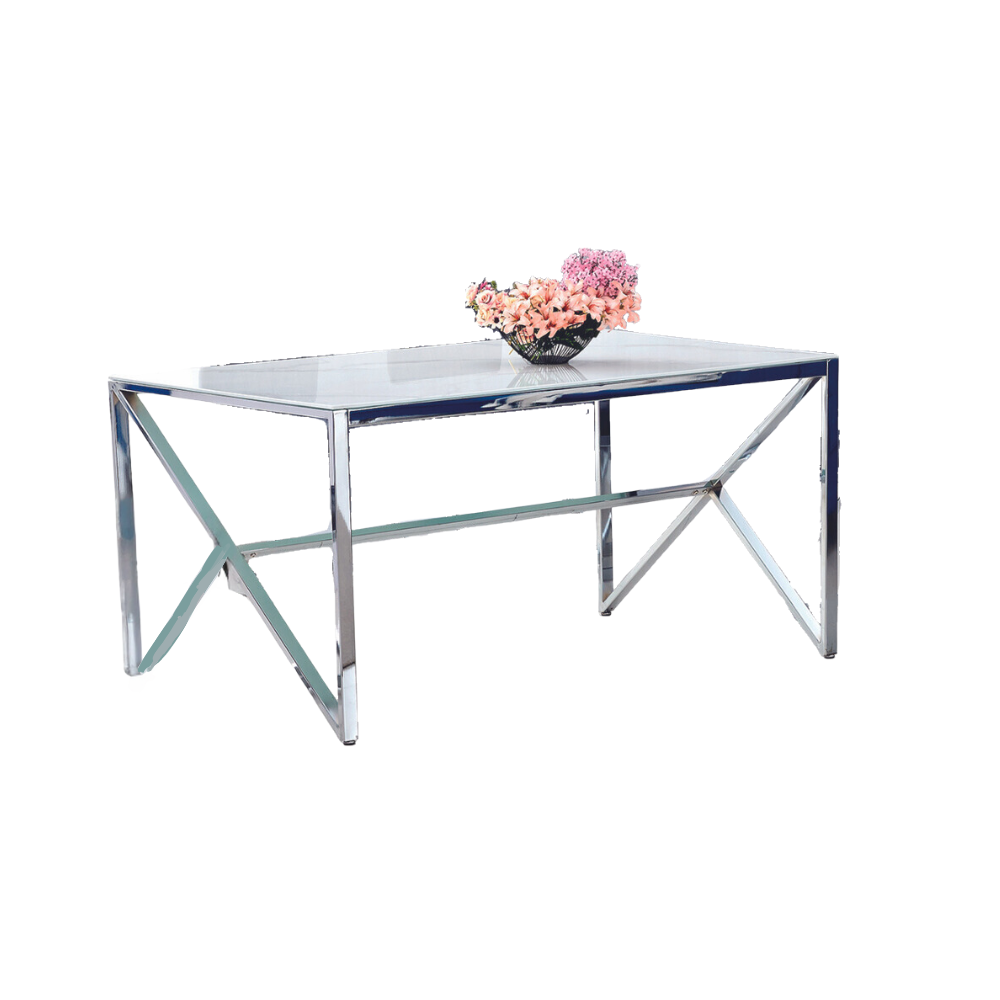 Table à Manger Chrome Verre Trempé Marbré Blanc – 150×90 cm – MAJESTIQUE