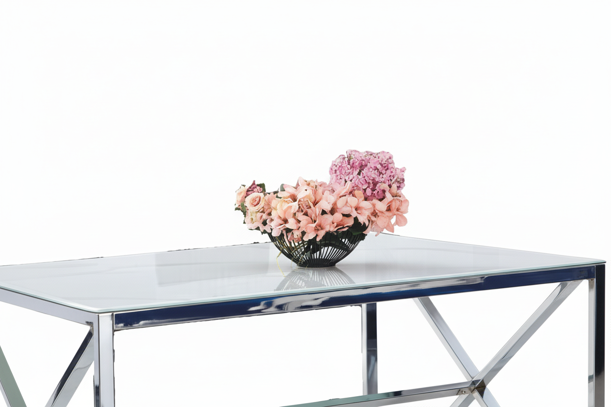 Table à Manger Chrome Verre Trempé Marbré Blanc – 150×90 cm – MAJESTIQUE