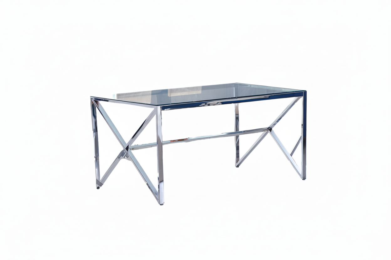 Table à Manger Chrome Verre Trempé Transparent – 150×90 cm – MAJESTIQUE