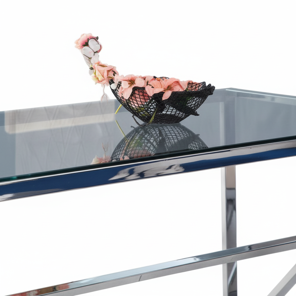 Table à Manger Chrome Verre Trempé Transparent – 150×90 cm – MAJESTIQUE