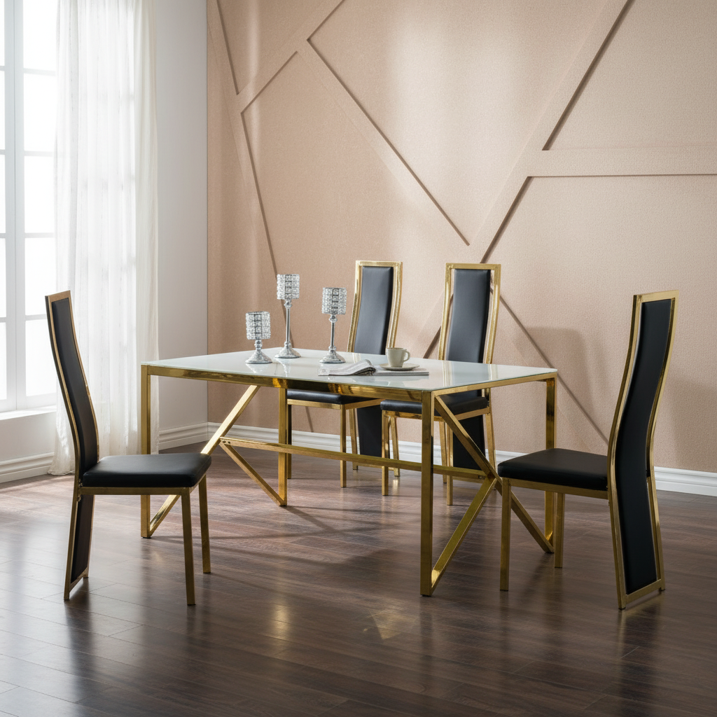 Table à Manger Design Verre Trempé Marbré Blanc & Doré – 150×90 cm