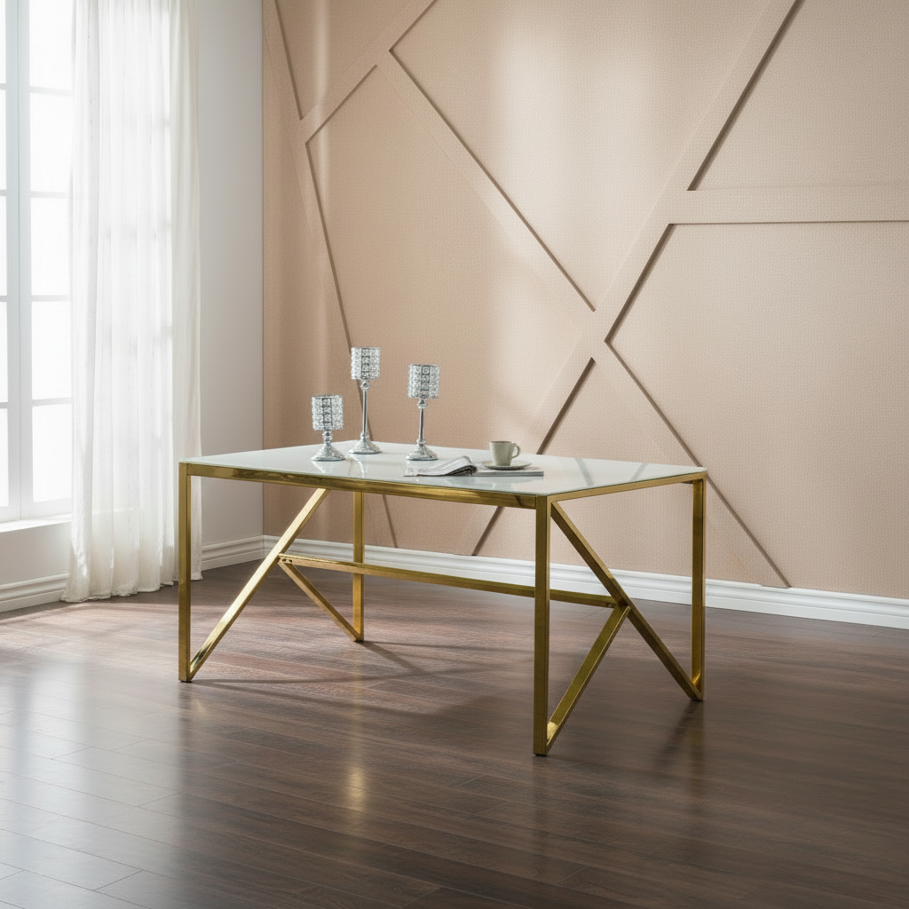 Table à Manger Design Verre Trempé Marbré Blanc & Doré – 150×90 cm