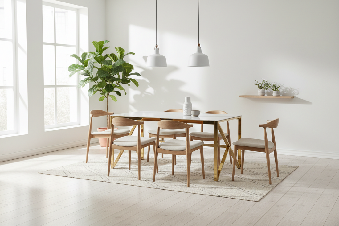 Table à Manger Design Verre Trempé Marbré Blanc & Doré – 150×90 cm