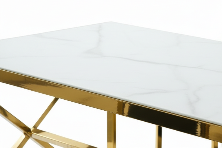 Table à Manger Design Verre Trempé Marbré Blanc & Doré – 150×90 cm