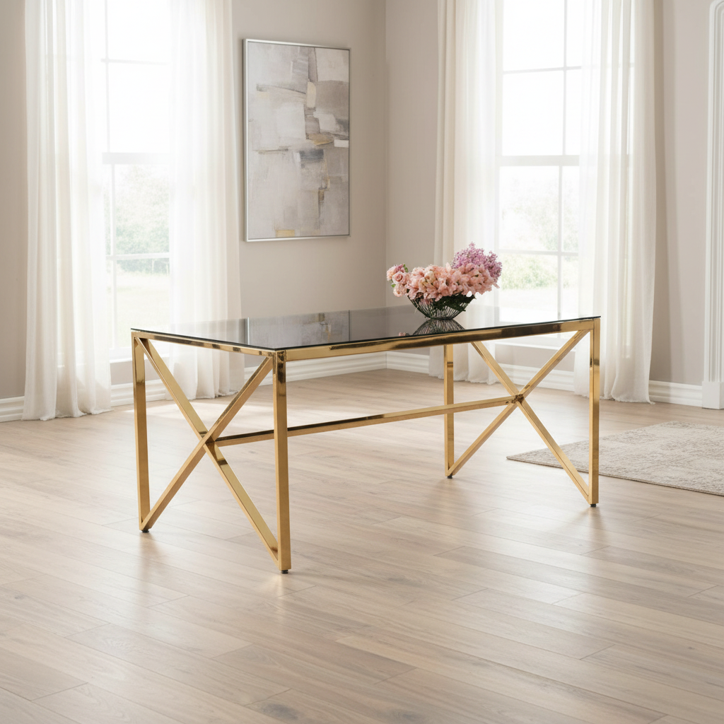Table à Manger Design Verre Trempé Transparent & Doré – 150×90 cm
