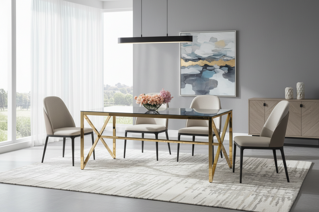 Table à Manger Design Verre Trempé Transparent & Doré – 150×90 cm