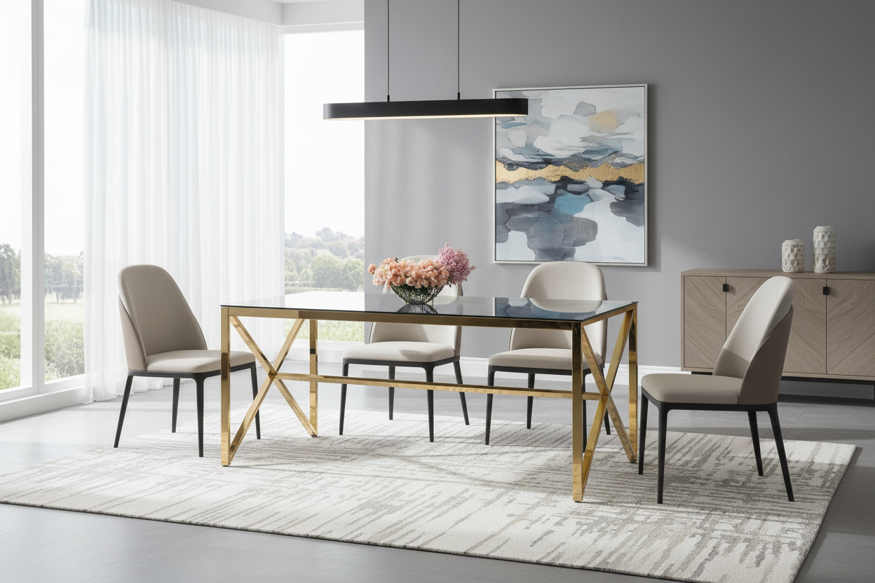 Table à Manger Design Verre Trempé Transparent & Doré – 150×90 cm