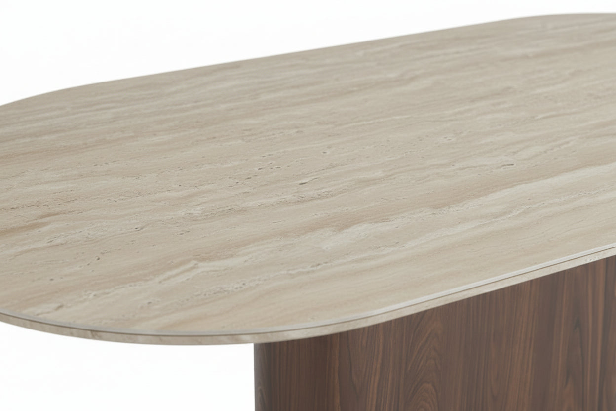 Table à manger céramique travertin pied effet noyer 180x90x75 cm LOKA