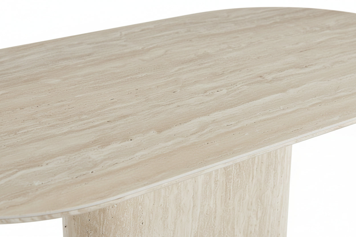 Table repas ovale 180x90 cm céramique effet travertin pied central LOKA