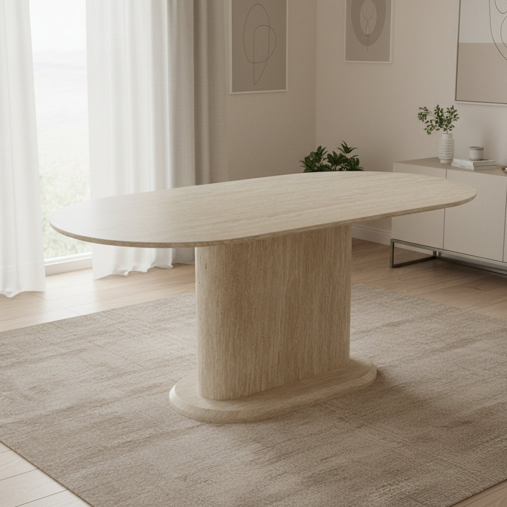 Table repas ovale 180x90 cm céramique effet travertin pied central LOKA
