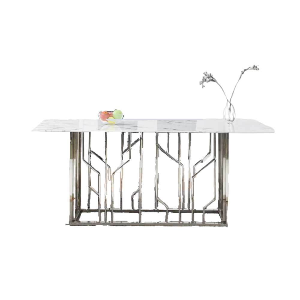 Table à Manger PORTOFINO – Chrome & Verre Marbre Blanc – 180x90x75 cm