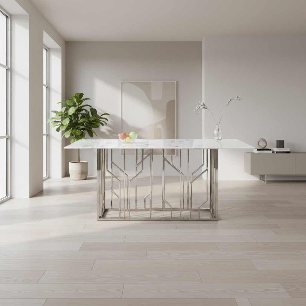 Table à Manger PORTOFINO – Chrome & Verre Marbre Blanc – 180x90x75 cm