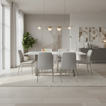 Table à Manger PORTOFINO – Chrome & Verre Marbre Blanc – 180x90x75 cm