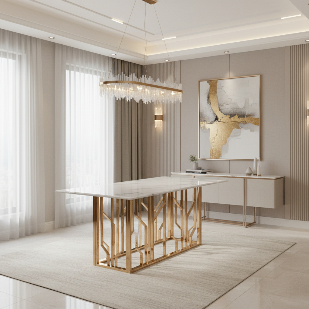 Table à Manger PORTOFINO – Gold & Marbre Blanc – 180x90x75 cm