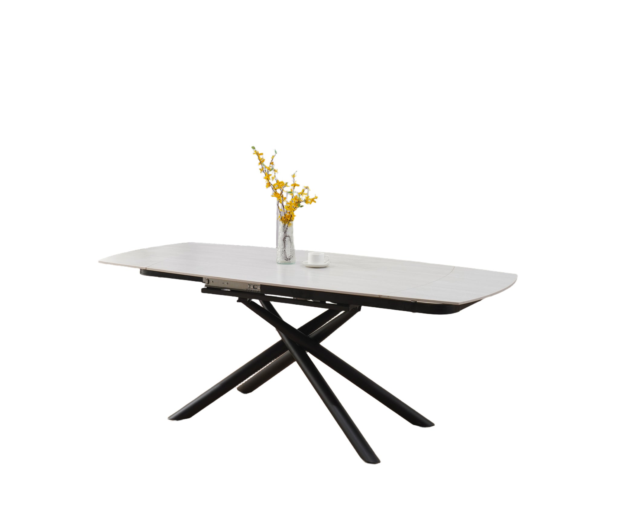 Table Repas Extensible NYSA – Plateau céramique effet Travertin Mat & Pieds Noir – 129/189x89x76 cm