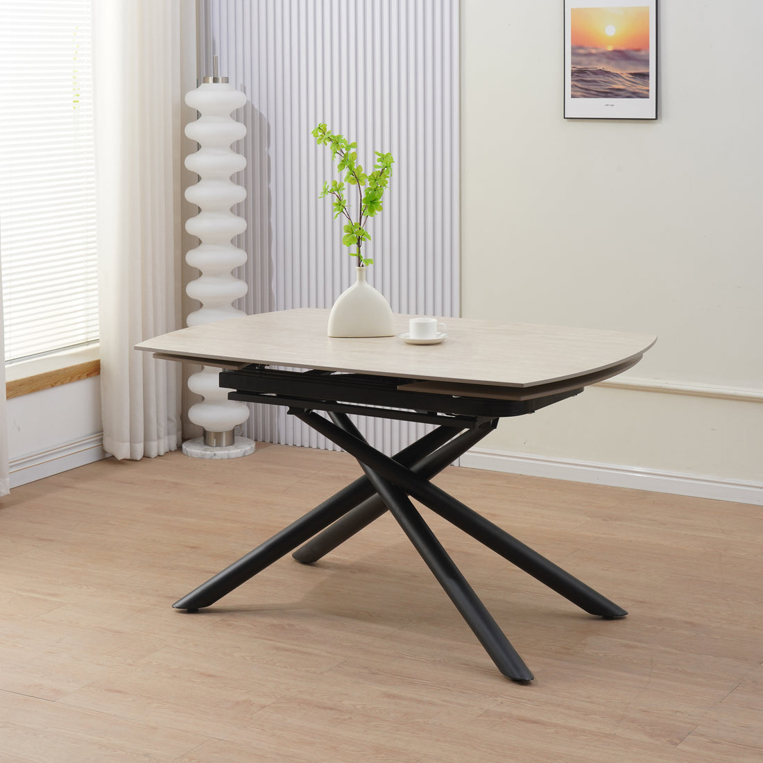 Table repas extensible NYSA Travertin Mat & Pieds Noir 129 à 189x89x76 cm #couleur_beige