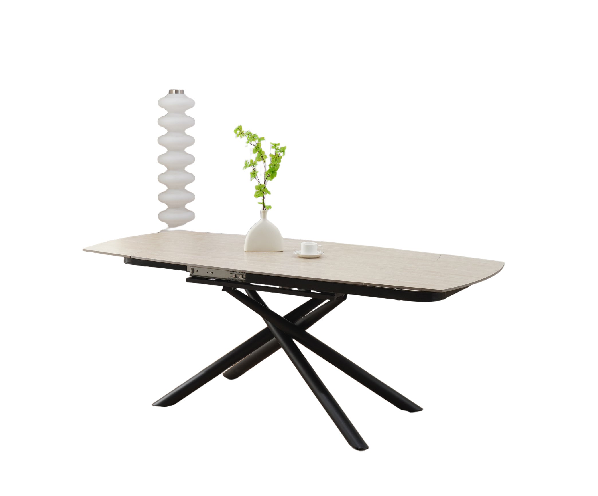 Table Repas Extensible NYSA – Plateau céramique effet Travertin Mat & Pieds Noir – 129/189x89x76 cm