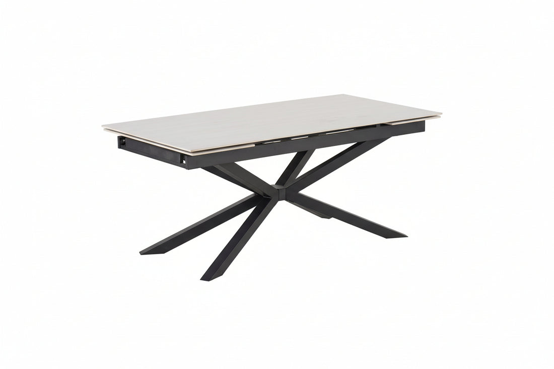 Table extensible NANA céramique travertin & pied métal noir 180-260x90 cm #couleur_blanc