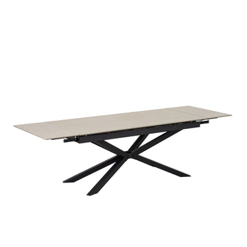 Table extensible NANA céramique travertin & pied métal noir 180-260x90 cm #couleur_beige