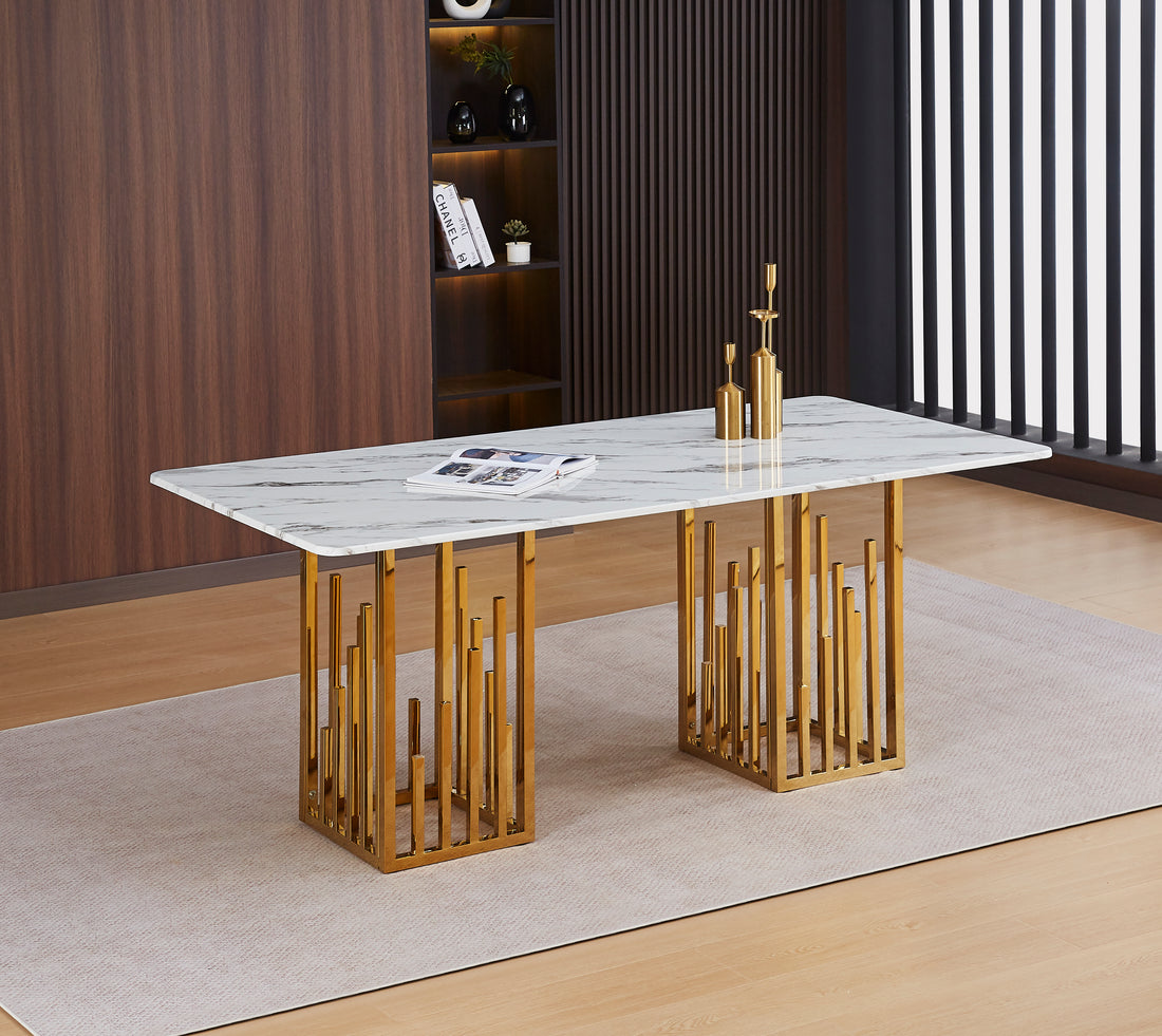 Table repas STALAX gold pierre marbre blanc 180x90x75 cm #couleur_gold_marbre_blanc