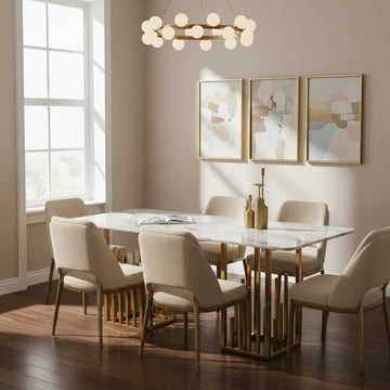 Table à Manger STALAX – Pied Gold & Pierre Marbre Blanc – 180x90x75 cm