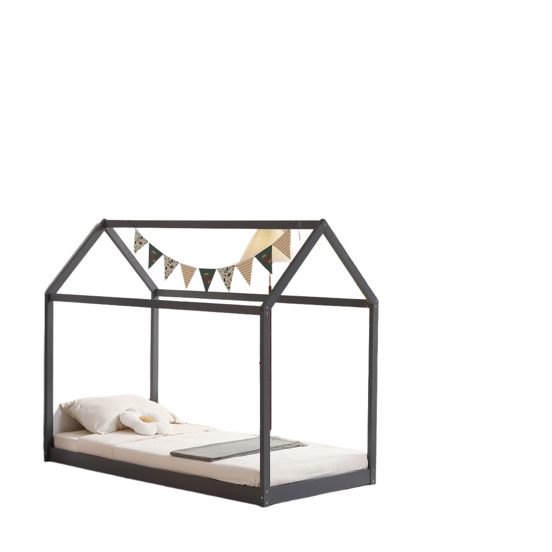 Lit cabane enfant bois gris avec sommier 97x196x157 cm ROBINSON