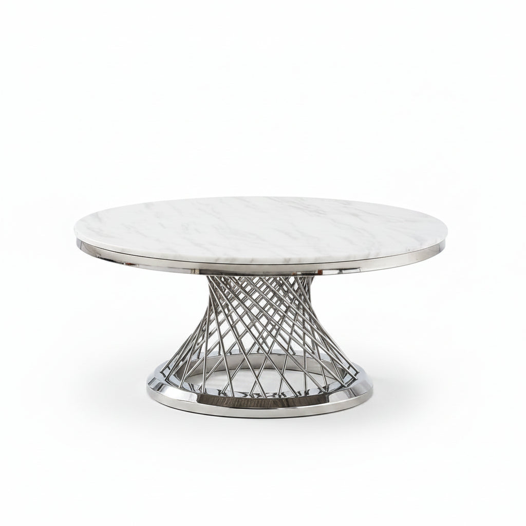 Table Basse Ronde Verre Marbré Blanc & Chrome  - DELUXE Ø 100 cm