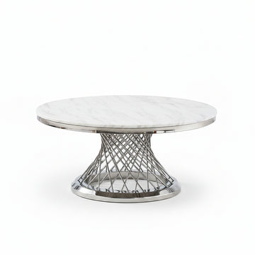 Table Basse Ronde Verre Marbré Blanc & Chrome  - DELUXE Ø 100 cm