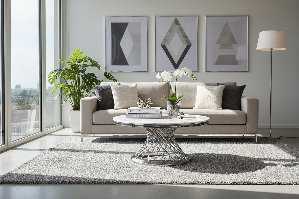 Table Basse Ronde Verre Marbré Blanc & Chrome  - DELUXE Ø 100 cm