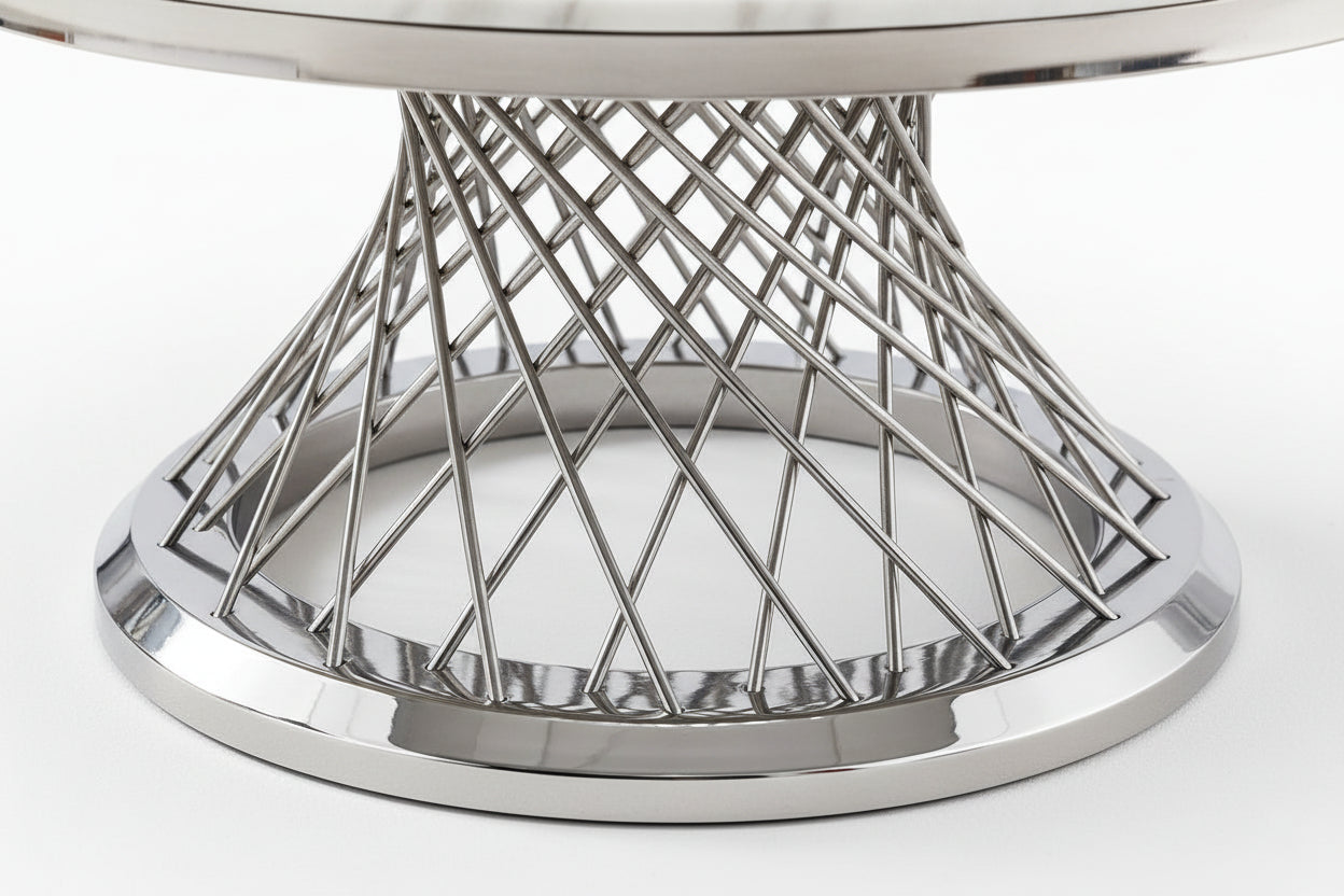 Table Basse Ronde Verre Marbré Blanc & Chrome  - DELUXE Ø 100 cm