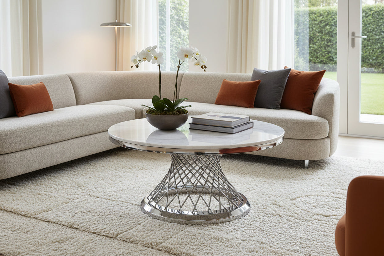 Table Basse Ronde Verre Marbré Blanc & Chrome  - DELUXE Ø 100 cm