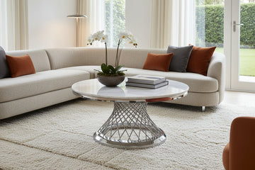 Table Basse Ronde Verre Marbré Blanc & Chrome  - DELUXE Ø 100 cm