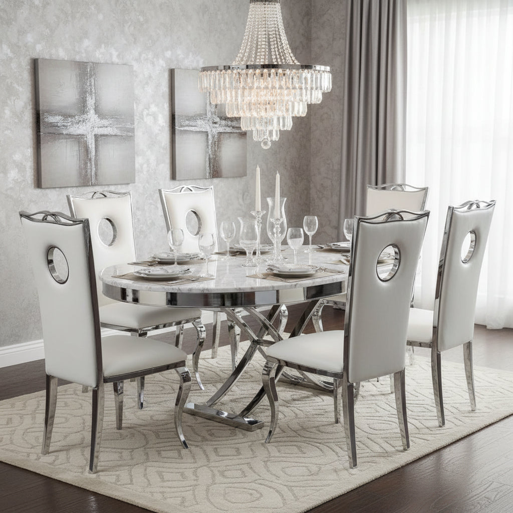 Lot de 4 Chaises baroque ROYAL Chrome Simili BLANC