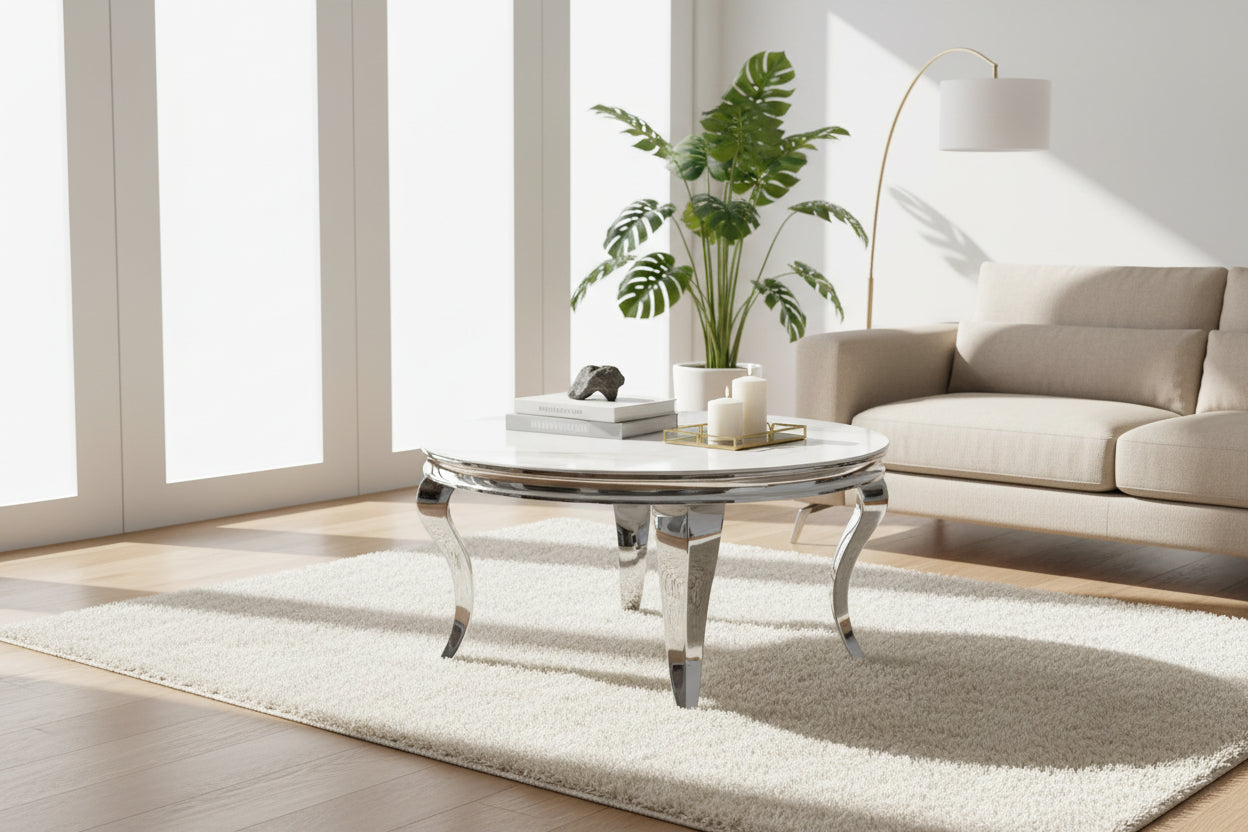 Table Basse BAROQUE Ronde Plateau Verre Trempé Marbré Blanc Structure Chrome D80x45cm