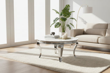 Table Basse BAROQUE Ronde Plateau Verre Trempé Marbré Blanc Structure Chrome D80x45cm