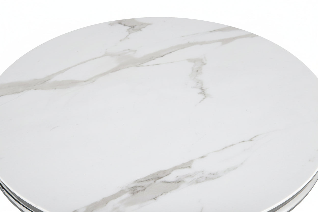 Table Basse BAROQUE Ronde Plateau Verre Trempé Marbré Blanc Structure Chrome D80x45cm