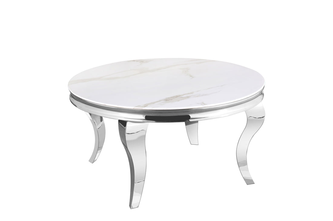 Table Basse BAROQUE Ronde Plateau Verre Trempé Marbré Blanc Structure Chrome D80x45cm