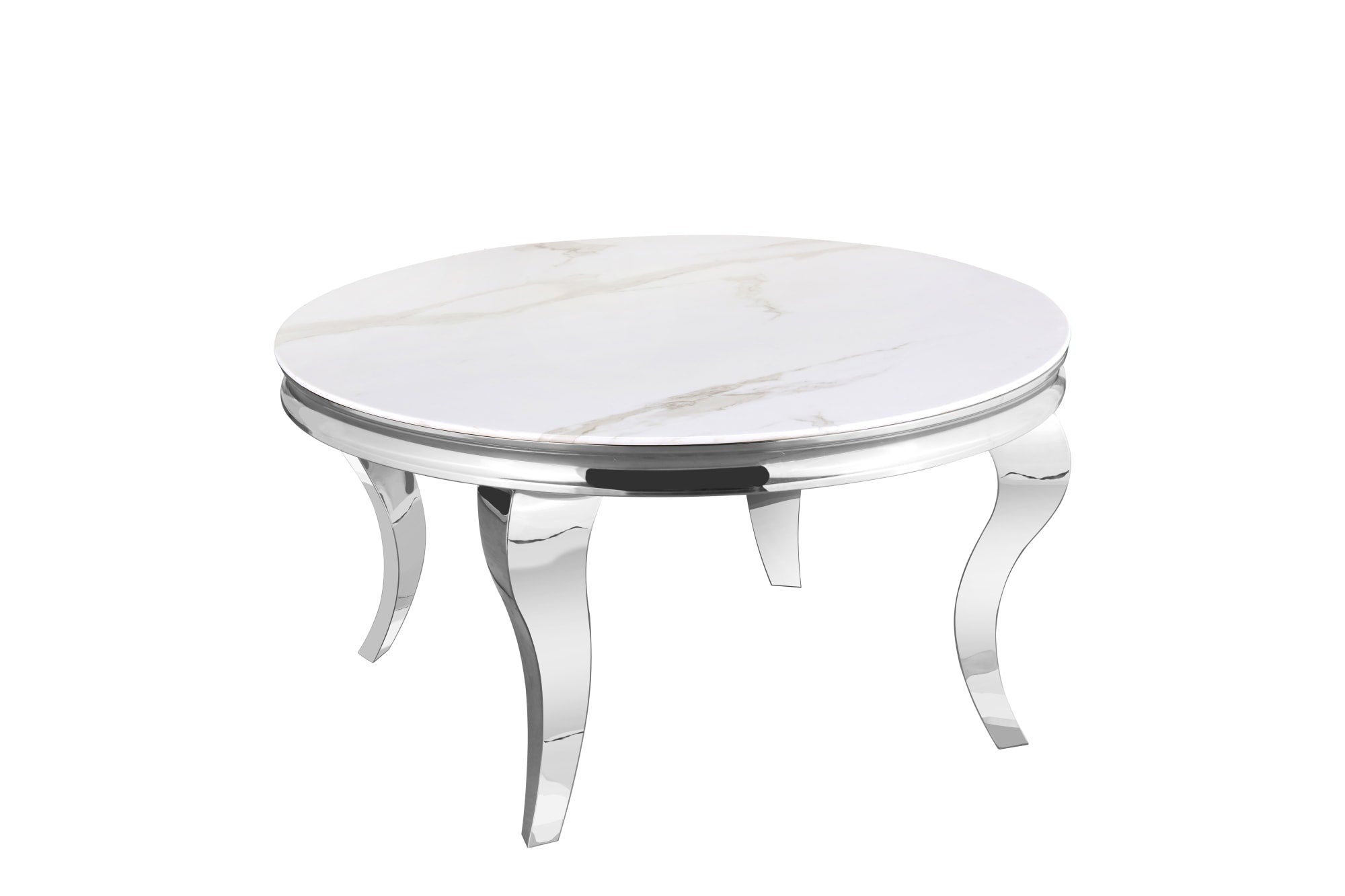 Table Basse BAROQUE Ronde Plateau Verre Trempé Marbré Blanc Structure Chrome D80x45cm