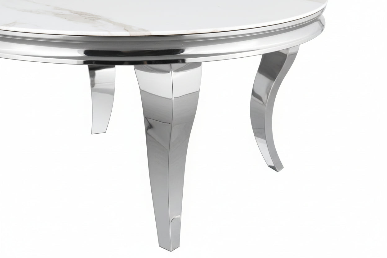 Table Basse BAROQUE Ronde Plateau Verre Trempé Marbré Blanc Structure Chrome D80x45cm