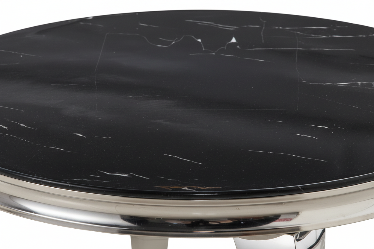 Table Basse BAROQUE Ronde Plateau Verre Trempé Marbré Noir Structure Chrome D80x45cm