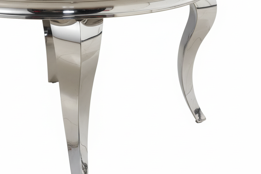 Table Basse BAROQUE Ronde Plateau Verre Trempé Marbré Noir Structure Chrome D80x45cm