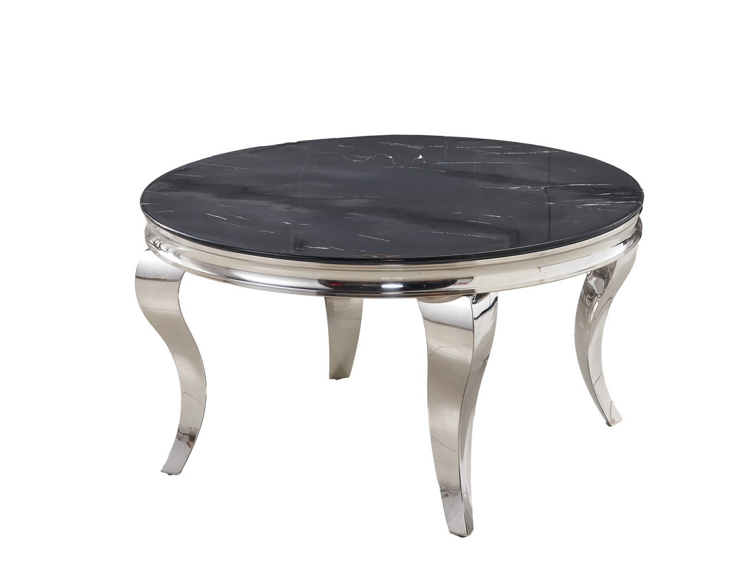 Table Basse BAROQUE Ronde Plateau Verre Trempé Marbré Noir Structure Chrome D80x45cm